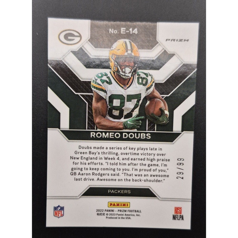 2022 Panini Prizm Romeo Doubs #E-14 Emergent Blue Ice Prizm /99 (RC) Packers - Picture 7 of 11